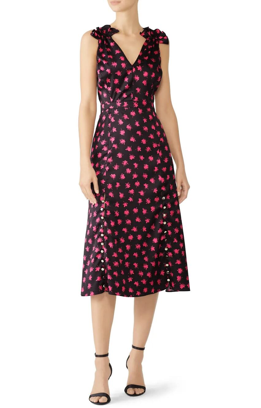 Prabal Gurung Tulip Ruffled Slip Dress Womens 10 Black Midi Floral Satin Party